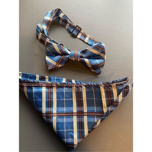 Plaid pocket square adjustable bow tie blue white plaid polyester